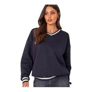 Edikted Caryn Oversized Navy Blue Nautical V Neck Cozy Sweatshirt Size Small